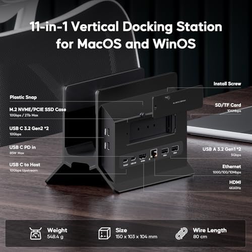 MacBook Pro Air Docking Station, Vertical USB C Laptop Docking Station with M.2 SSD Slot, HDMI 4K@60Hz, 4 USB A/C Max 10Gbps, Ethernet, SD/TF, PD Dock for MacBook/USB-C Win Laptops - Black - Image 2
