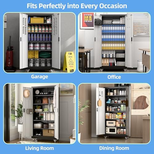 Aobabo Garage Storage Cabinet with Wheels, Metal Storage Cabinet with 5 Adjustable Shelves for Garage Home, Black&Silver,71" H*34''W*18''D,Required-Assembly, - Image 6