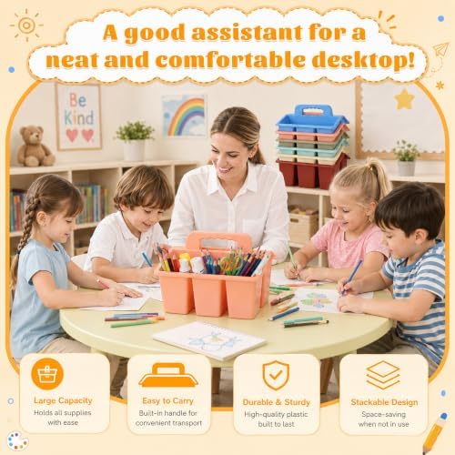 Plastic Classroom Caddy with Handle, 6 Pack 4-Compartment Teacher Supply Organizer, Stackable Desk Caddies for Pencils, Markers, Crayons, Art Craft Supplies, School Office Home, Modern Pastel Colors - Image 7