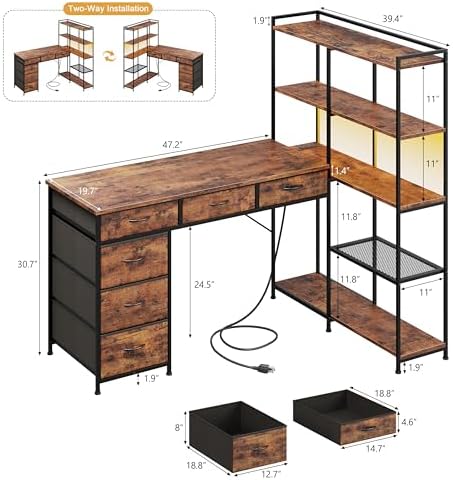 Garvee L Shaped Gaming Computer Desk with 6 Fabric Drawers, Corner Gaming Desk with Open Shelves, Home Office PC Table with Power Outlets & LED Lights, 58.3" l*54.3" h, Rustic Brown - Image 2