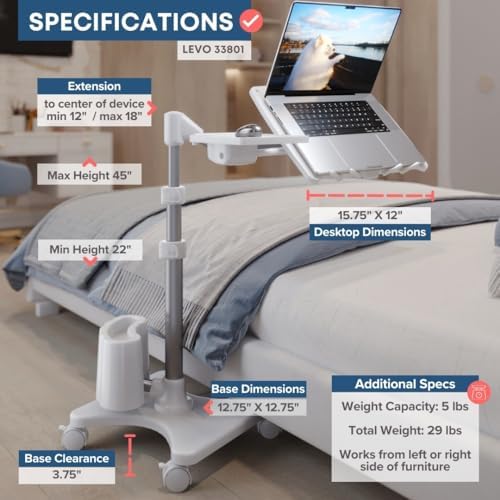 LEVO G2 Deluxe Rolling Laptop Stand with Mouse Tray, Silver & White - Image 3