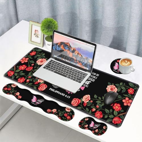 Ergonomic Memory Foam Mouse Pad Wrist Rest Set, Large Desk Pad + Keyboard Wrist Rest + Mouse Wrist Cushion + Coaster for Home Office Study Gaming, Floral Butterfly Quotes Bible Verse Philippians 4:13 - Image 7