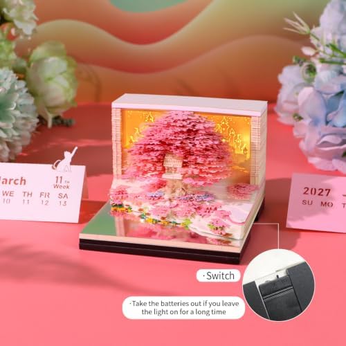 Time Piece 3D Calendar 2027, Tear Away Desk Calendar With LED Light & Tear-Off Notes, Art Sculpture Calendar Gift Idea‌ For Office & Home Decor (Magic Tree - Pink) - Image 3