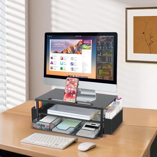 AUPSEN Wood Computer Monitor Stand Riser, 2-Tier Black Desk Organizer with Drawer, Pen Storage & Phone Holder ，Office Desk Accessories Desktop Organizer for Office Supplies (Black) - Image 5
