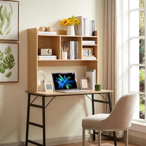 Nromant Desktop Bookshelf, Wooden Desk Storage Hutch with 6 Shelves for Computer Desk, 3-Tier Desktop Display Organizer Rack for Office Home (Natural) - Image 4