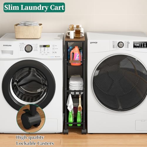 4-Tier Slim Utility Rolling Laundry Cart with Wheels, Black - Image 3