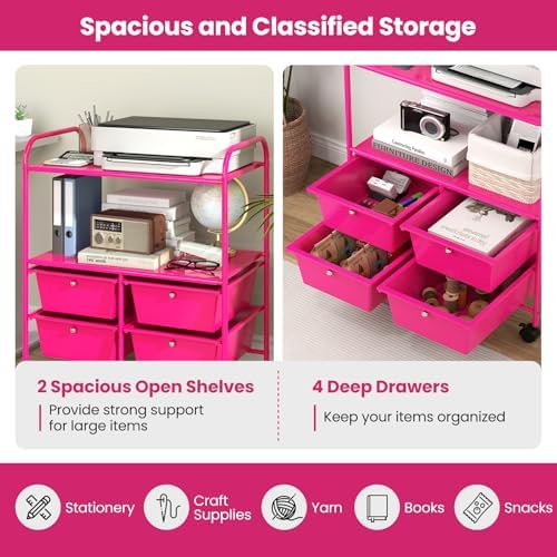 Giantex Rolling Storage Cart w/ 4 Drawers 2 Shelves Metal Rack Shelf Home Office School Beauty Salon Utility Organizer Cart with Wheels, Hot Pink - Image 5