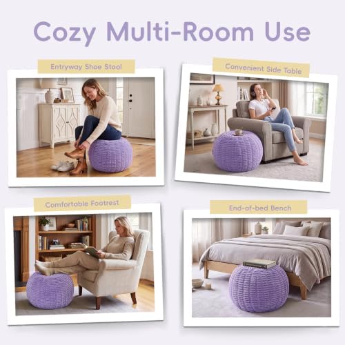 Hobestluk Stuffed Pouf Ottoman Footrest,Round Footstool,Small,Purple - Image 6