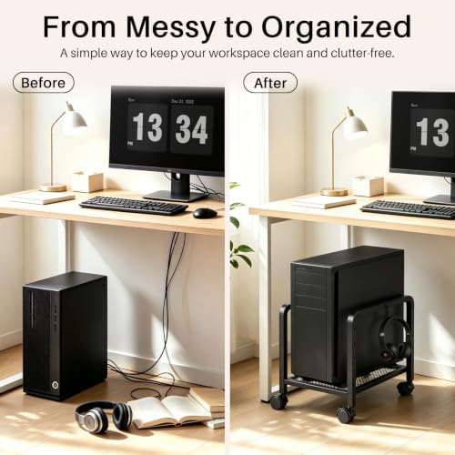 Metal PC Stand, Adjustable Computer Tower Stand with Wheels, Black - Image 3