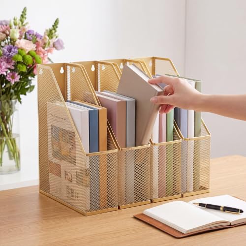 Sliner 4 Pack Gold Metal Magazine Holder Mesh Steel Document Rack 1 Section File Organizer Extra Wide Magazine Folder Storage Desk Tidy for Office Home, 12.6"x 9.8"x 3" - Image 4