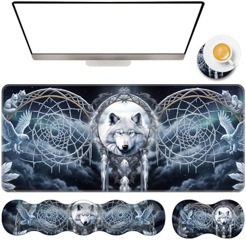 TGFEWYTJYJ Extended Gaming Mouse Pad,Memory Foam Ergonomic Keyboard Mouse Wrist Rest Support Set,Large Desk Mat with Stitched Edges,Non-Slip Base Mousepad Home Office,Dreamcatcher Wolf by GFEWYTJYJ