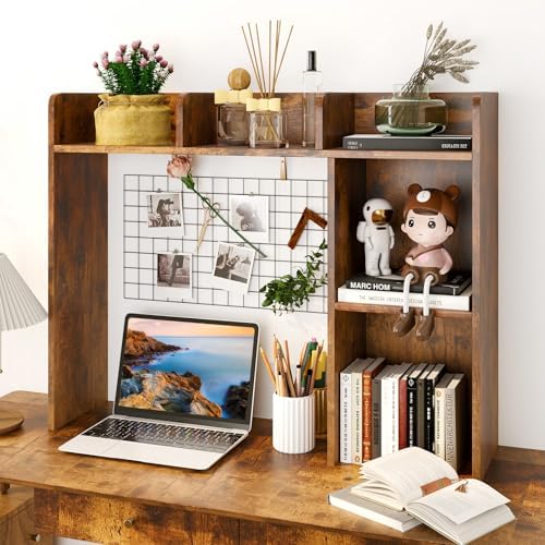 Desktop Bookshelf, 3-Tier Wood Countertop Bookcase with 5 Shelves, Desk Hutch for College Dorm, Multipurpose Desk Organizer Shelf Display Rack for Home Office, Hutch Top Only - Image 4
