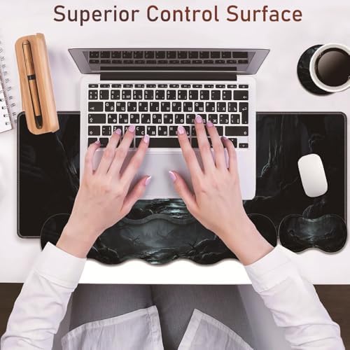 Large Gaming Table Pad 31.5 "x 11.8" + Keyboard Wrist Pad + Mouse Wrist Pad + Coaster Non-Slip Base 4-in-1 Set, Ergonomic Memory Foam, Easy Typing Pain Relief, Strange Mysterious Dark Forest - Image 4