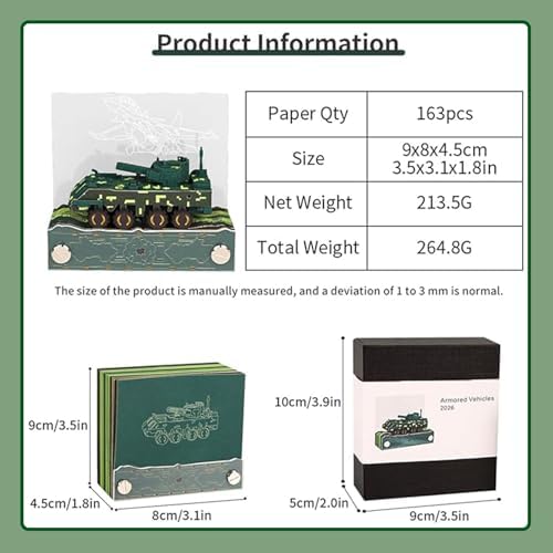 HOTOYMDS3D Calendar 2027,3D Desk Calendar 2027,3D Art Calendar Memo Pad 2027,Armored Vehicles Desktop Decoration,Tear-Away 3D Paper Art Notepad,Christmas Gift,New Year Gift/paper sculpture calendar (Armored Vehicles) - Image 3