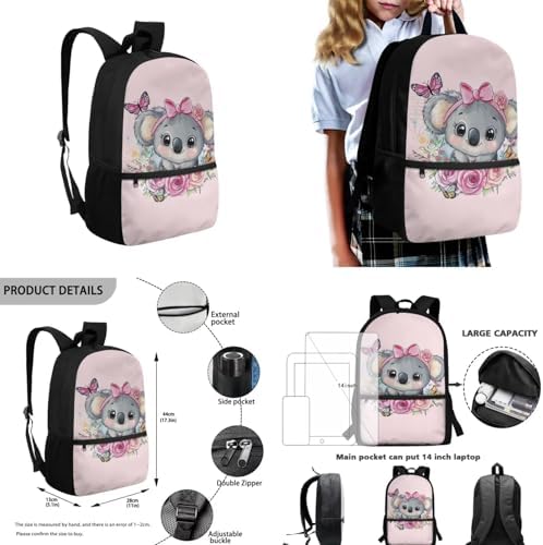 Teen's Backpack 4Pcs, Aesthetic Travel Daypack Set of 4 Include Lunch Box Pencil Case Cup Sleeve Large Capacity & Portable Daypack 4Pcs for Elementary School Cartoon Koala - Image 3