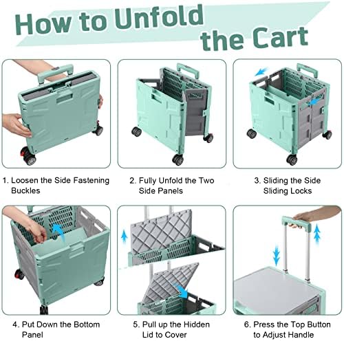 FELICON Folding Utility Cart Rolling Crate Handcart Basket Tote-Green+Gray - Image 4
