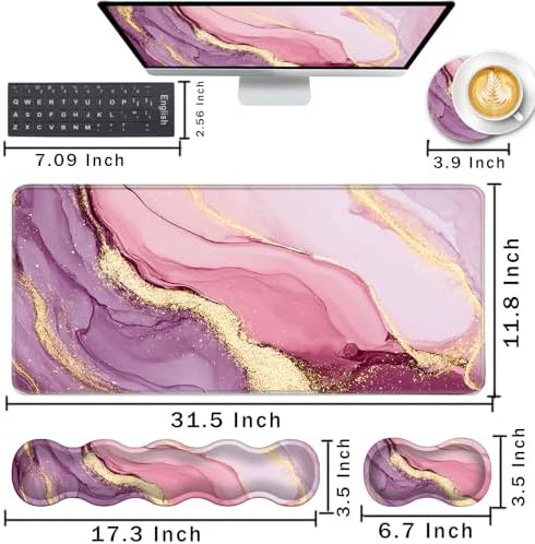 Keyboard Wrist Rest and Mouse Pad with Wrist Support Set Ergonomic Coaster,Memory Foam,Easy Typing Pain Relief,Large XL Desk Mat 31.5"x 11.8",Marble Pretty Pink - Image 2
