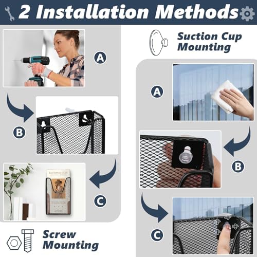 4 Pack Brochure Holder Wall Mount Hold 4 x 9 Inches Pamphlet Holders Display Stand Iron Mesh Hanging Pamphlet Holder Black With Suction Cups for Magazine Booklet Postcard Literature Flyer Menu Mail - Image 3