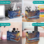 PU Leather Multi-Compartment Pen Holder Desktop Organizer Pencil Cup Storage Caddy for Office Home Supplies Winter Sunset Woods - Image 4