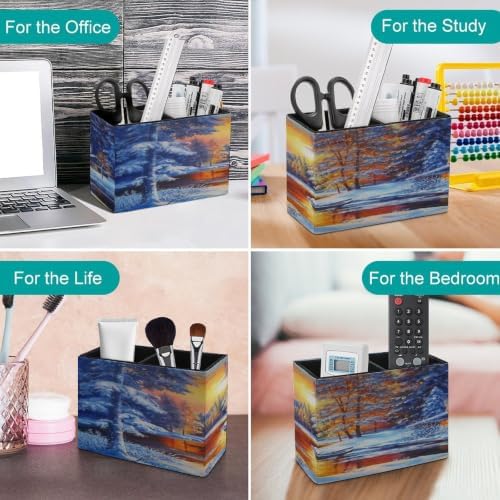PU Leather Multi-Compartment Pen Holder Desktop Organizer Pencil Cup Storage Caddy for Office Home Supplies Winter Sunset Woods - Image 4