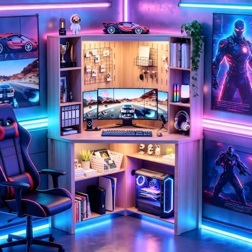 Corner Desk with - LED Reading Light, L-Shaped Computer Desk w/Hutch & Shelves, Home Office Desk w/Charging Station for Work & Study, File Cabinet Storage Bookshelf for Small Space (Natural) by JDPAG