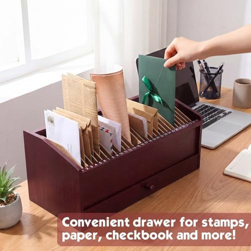 Wood Desktop Organizer with Drawer, 17 Inch 32 Section Bill & Mail & File Organizer Storage for Office Desk, Desktop Mail Holder and Office Supplies Storage, Letter and Paper Sorter(Brown) - Image 6