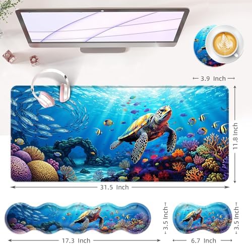 Large Keyboard Mouse Pad Set, Extended Mouse Pad+Keyboard Wrist Rest Support, Memory Foam Ergonomic Easy Typing, 4Pcs (31.5×11.8 in) Desk Pad Set for Office Home,Sea Turtle - Image 6