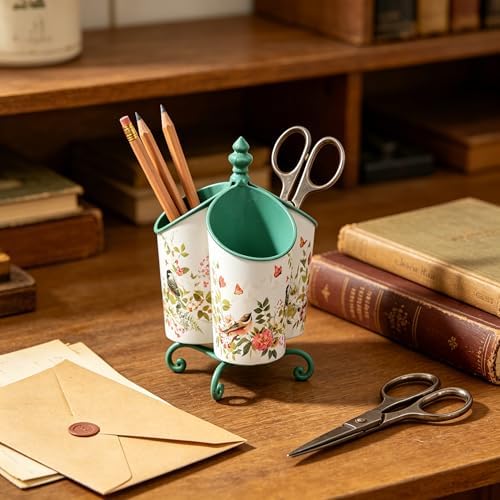 360° Rotating Metal Pen Holder for Desk, Cute Floral Bird Desktop Organizer with Dome Roof, Pencil Cup & Remote Control Holder for Home Office (Green) - Image 4