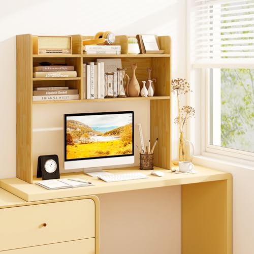 GOFLAME 6 Shelves Desktop Bookshelf, 37” Desk Hutch Dorm for Computer Monitor Up to 32”, 3-Tier Countertop Display Rack, Wood Desk Storage Organizer Shelf for Home Office, Study, Burlywood - Image 2