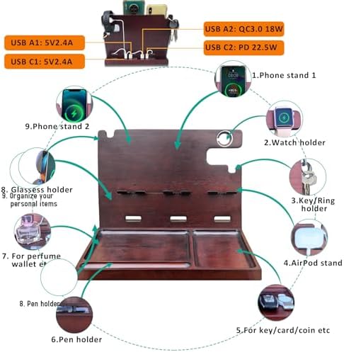 Wood Phone Docking Station with 4 USB 22.5W PD & QC3.0 Fast Charger,Nightstand Organizer for Men, Dual Phone Charging Station for iPhone Samsung Google Android,Anniversary Birthday Gifts for Men Him - Image 2