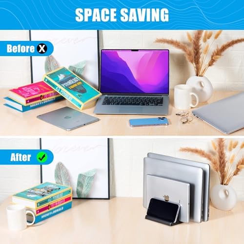 Ryvlan Vertical Laptop Stand, 3 Slot Adjustable Laptop Storage Rack and Desk Organizer, Silicone-Padded Holder for Multiple Devices Storage, Compatible Stand for Tablets and Devices up to 17 Inches - Image 6
