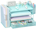 gianotter Desk Organizers and Accessories with File Holder, 4-Tier Desk Accessories & Workspace Organizers with Drawer and 2 Pen Holder, Desk Reference Organizer (Blue, 4T with Metal Drawer) by gianotter