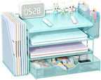 gianotter Desk Organizers and Accessories with File Holder, 4-Tier Desk Accessories & Workspace Organizers with Drawer and 2 Pen Holder, Desk Reference Organizer (Blue, 4T with Metal Drawer) by gianotter