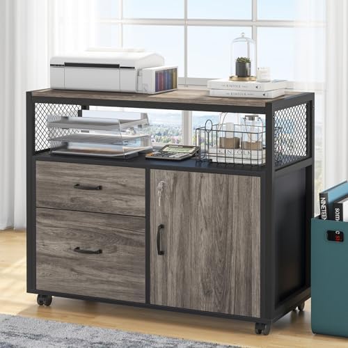 Tribesigns Modern File Cabinet with Drawers for Letter-Sized File and Door, Lockable lateral Filing Cabinet Printer Stand with Storage Shelves and with Rolling Caster for Home Office (Gray) - Image 5