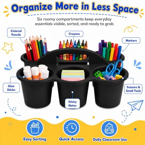 6 Pack Black Classroom Caddy with Handle, 6-Compartment Supply Organizer - Image 4