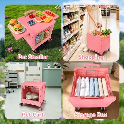 Pet Stroller, Dog & Cat Stroller for All-Season, Lightweight Foldable Carrier with 360° Front Wheels, Adjustable Handle, Breathable Hole Basket for Home Outdoor Travel Shopping (Pink) - Image 3