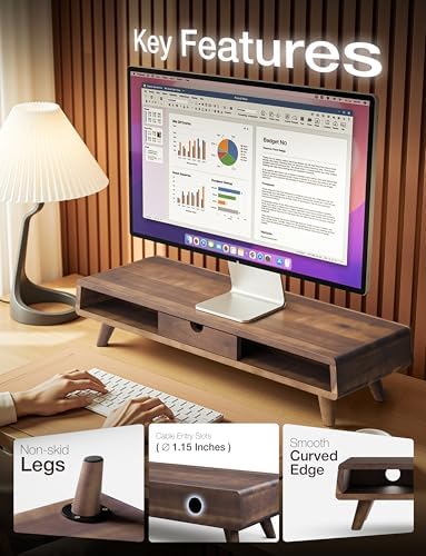 Tinamo Wood Monitor Stand with Drawer & Storage, Walnut Color (Patented) - Image 3