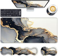 Keyboard Wrist Rest and Mouse Pad with Wrist Support Set Ergonomic Coaster,Memory Foam,Easy Typing Pain Relief,Large XL Desk Mat 31.5"x 11.8",Black Gold Marble by CICPLKSE