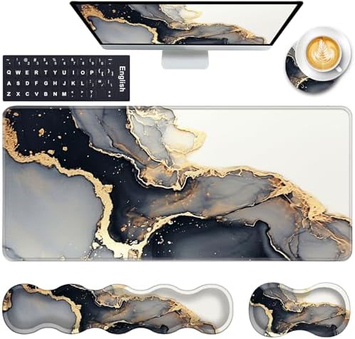 Keyboard Wrist Rest and Mouse Pad with Wrist Support Set Ergonomic Coaster,Memory Foam,Easy Typing Pain Relief,Large XL Desk Mat 31.5"x 11.8",Black Gold Marble by CICPLKSE