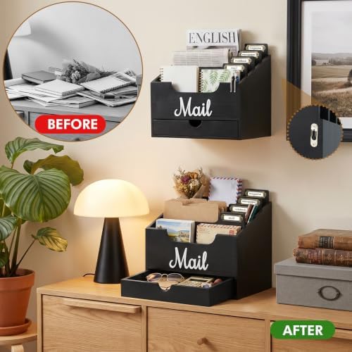 Rustic Wood Mail Organizer Countertop with Drawer, 4-Slot Removable Divider Mail Sorter, Black Desktop Mail Holder, Multi-Functional Bill File Stationary Organizer for Home Office Classroom - Image 6