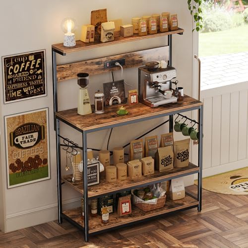 SUPERJARE Bakers Rack with Power Outlets, Microwave Stand, 39.4 X 14.3 Inch Larger Desktop, Kitchen Storage Rack with Adjustable Middle Shelf, 6 S-Shaped Hooks, Coffee Bar Stand, Rustic Brown - Image 6