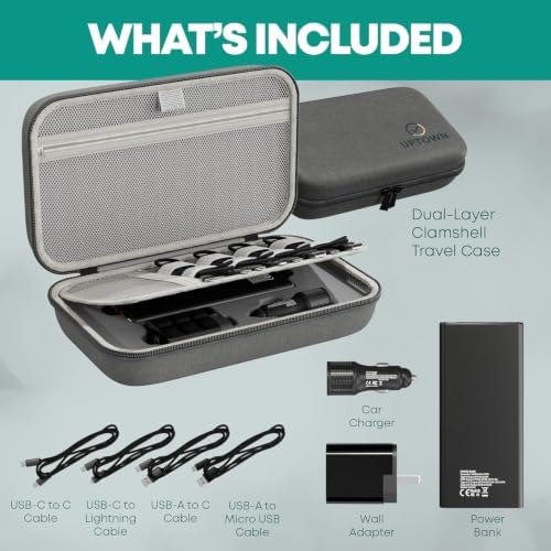 Uptown Deals Travel Charging Kit with Cable Organizer Case – 10,000mAh Portable Charger (Power Bank), 45W GaN Wall Adapter, 48W Car Phone Charger & 4 Cables – Travel Essentials for Devices - Image 2