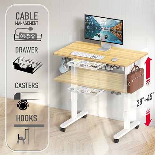 SHW 40-Inch Mobile Electric Height Adjustable Standing Desk w/Drawer, Oak - Image 4
