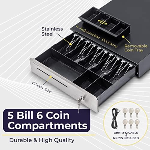 Volcora Cash Register Drawer for (POS) Point of Sale System 16", Stainless Steel Removable Coin Tray, 5 Bill/6 Coin, 12-24V, RJ11/RJ12 Key-Lock, Cash Till, Money Drawer for Businesses, Black - Image 3