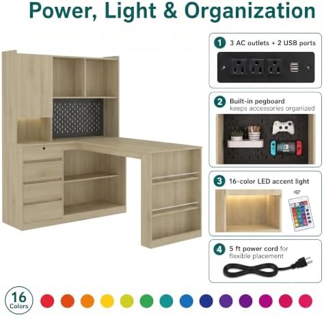 51.6" L Shaped Computer Desk with Drawers and Storage, Light Oak - Image 5