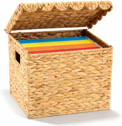 Jingmore File Organizer Box with Scalloped Lid, Water Hyacinth, Brown by Jingmore