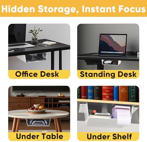 4 Pack Under Desk Hanging Shelf Drawer Organizer, Attachable Plastic Hidden Storage Tray, Easy Adhesive Mount Holder for Standing Tables, Office, Counters, Cabinets, Workstations - White - Image 2