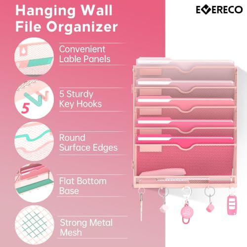 6 Tier Wall File Organizer - Hanging File Organizer with 5 Hooks, Mail Holder Wall Mounted for Papers, Folders, Magazines, Bills, Office&School Organization, Pink - Image 3