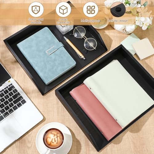 Beeveer 2 Pcs Black Wood Letter Tray Wooden Desk Paper Organizer 2 Tier Stackable Load Documents Desktop Tray Drawer File Folder Magazine Office Accessories for Home Office Back to School - Image 4