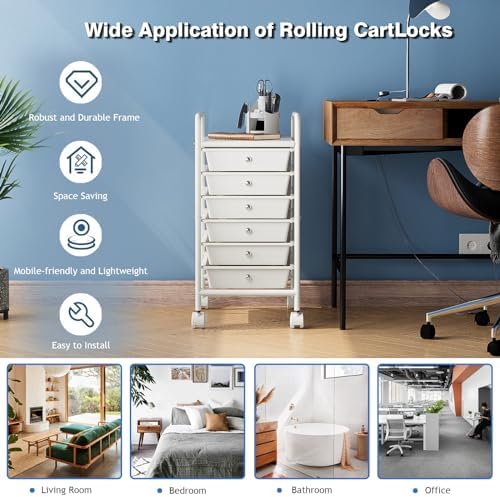 Rolling Storage Cart with Drawers 6-Tier Lock Wheels Office White - Image 6